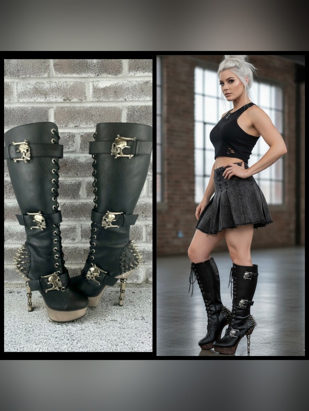 Demonia muerto 2028 chrome bone spiked heel skull buckle lace up boots 11 BNIB